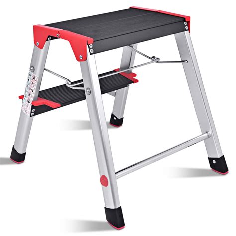 Gymax Folding Aluminum Lightweight Ladder 2 Step Non Slip Platform