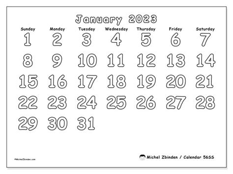 January 2023 Printable Calendar “62ss” Michel Zbinden Uk