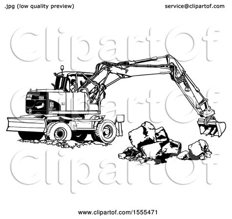 Clipart Of A Black And White Excavator Machine Moving Concrete Blocks