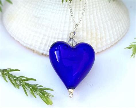 Cobalt Blue Heart Necklace Blue Glass Heart Necklace Etsy Heart