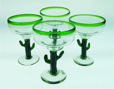 Jp Mexican Glass Margarita Saguaro Cactus Green Rim Hand Blown Set Of 4 By Mexican