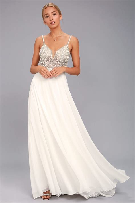 True Love White Beaded Rhinestone Maxi Dress White Beaded Dress