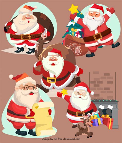 Santa Claus Icons Funny Cartoon Characters Sketch Vectors Graphic Art