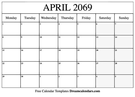 April 2069 Calendar Free Blank Printable With Holidays
