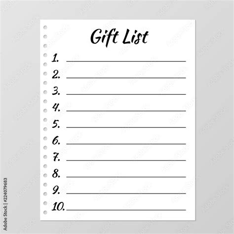 Gift List Template Planner Page Lined And Numbered Paper Sheet Blank