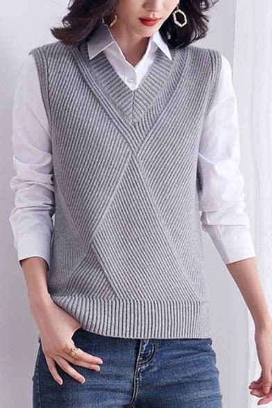 Fancy Womens Sweater Vest Solid Color Ribbed Knit V Neck Sleeveless Regular Fitted Sweater Vest