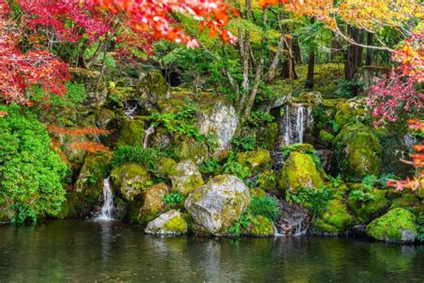 Autumn Scene With Waterfall And Pond In Garden Japan Stock Image