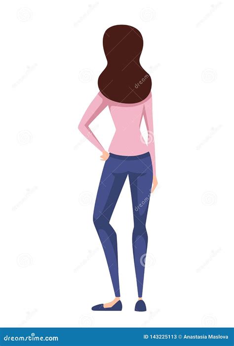 Pretty Women Standing Back View Cartoon Character Design Cute Brown