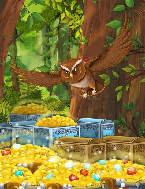 Cartoon Summer Scene With Deep Forest And Treasure And Flying Owl