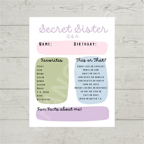 Secret Sister Printable Secret Sister Questions Girls Camp Young Women Youth Camp Girls