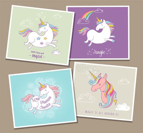 Cute Magic Unicon And Rainbow Greeting Cards Stock Vector