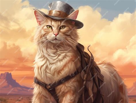 Premium Ai Image A Cat In A Cowboy Hat Sits On A Background Of Mountains