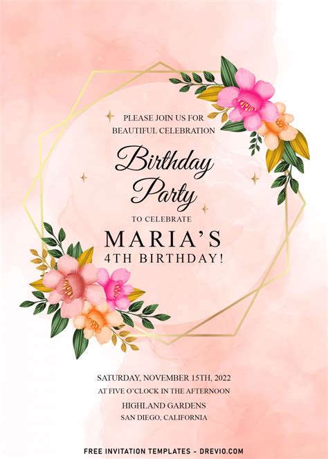 7 Stunning Blush Pink Fancy Floral Birthday Invitation Templates