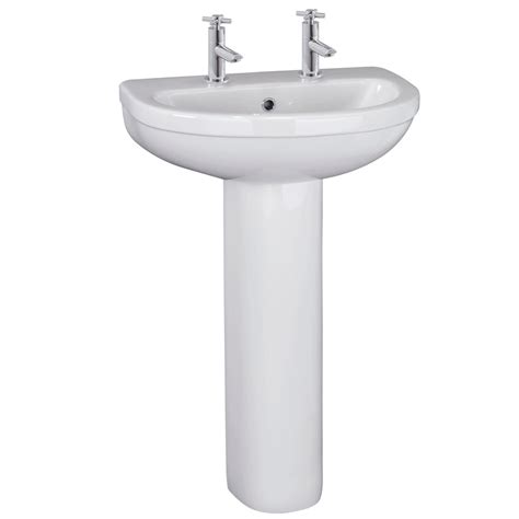 Nuie Ivo White 550mm 2 Tap Hole Basin And Full Pedestal Pedestal Basin