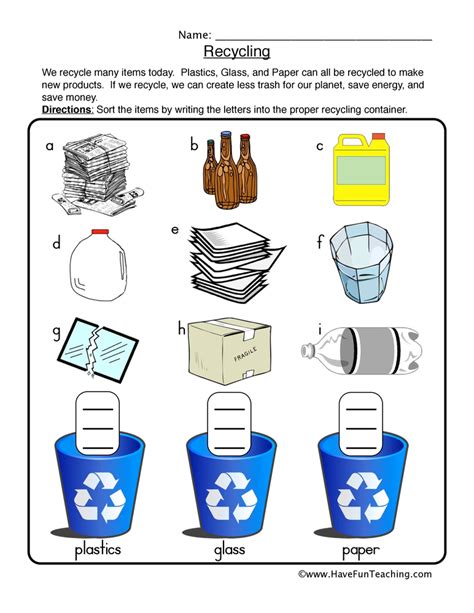 Recycling Worksheet 1 Recycling Sort