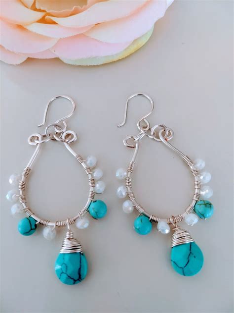 Loveswan Handmade Turquoise Teardrops And Crystal Silver Earrings