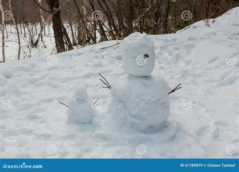 Ugly Snowman From The First Snow With Arms From Branches And Creepy