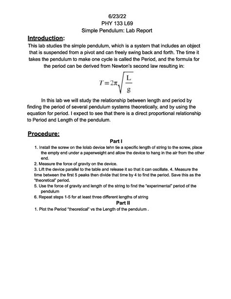 Simple Pendulum Lab Report Phy Studocu