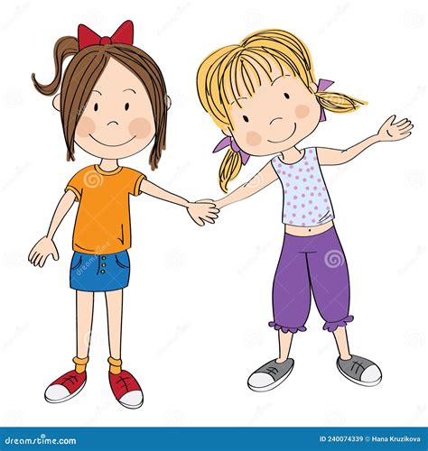 Two Girls Holding Hands Royalty Free Cartoon 68252699