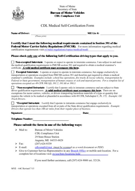 Fillable Mve 64c Cdl Medical Self Certification Form Printable Pdf