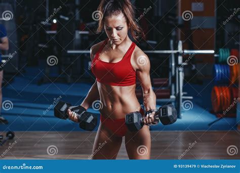 Young Athletics Girl Doing Biceps Dumbbells Curl Exercises On Bench In
