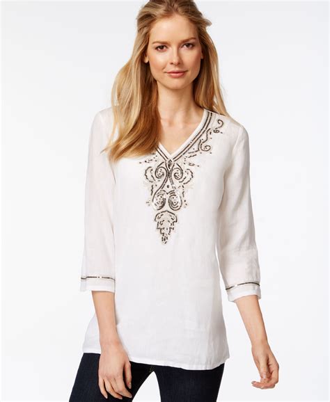 Charter Club Sequined Three Quarter Sleeve Tunic Only At Macys Tops