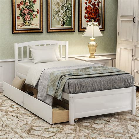 veryke solid wood twin size platform bed frame with 2 storage drawers and headboard in white