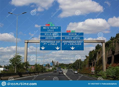 Road Signs Of The French Highway That Reaches Paris And Other Ci Stock