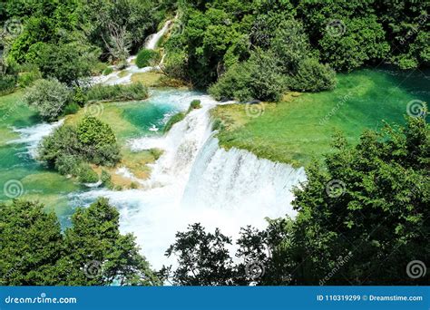 Beautiful Croatian Waterfall With Intense Green Colour Near Krka In