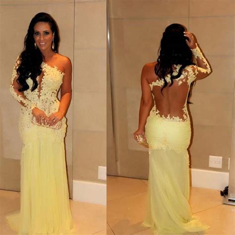 Oscar Yellow Mermaid Lace Long Sleeve Prom Gowns One Shoulder Neckline