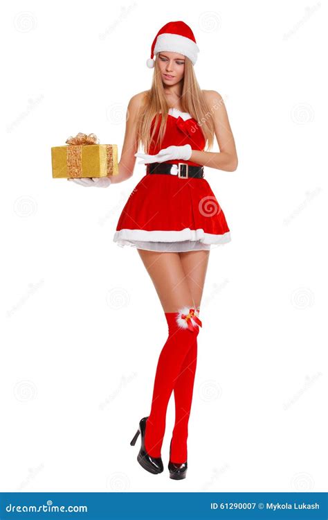 Beautiful Girl Wearing Santa Claus Clothes With Christmas T Isolated On White Stock Image
