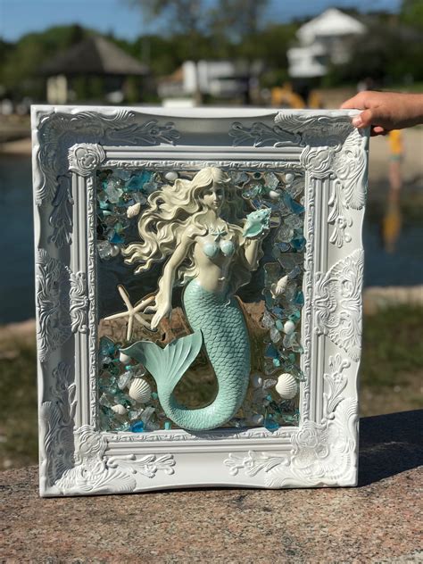 Free Shipping Medium 17 X 20 Mermaid In Shabby Chic Frame Etsy Sea Glass Crafts Beach Glass