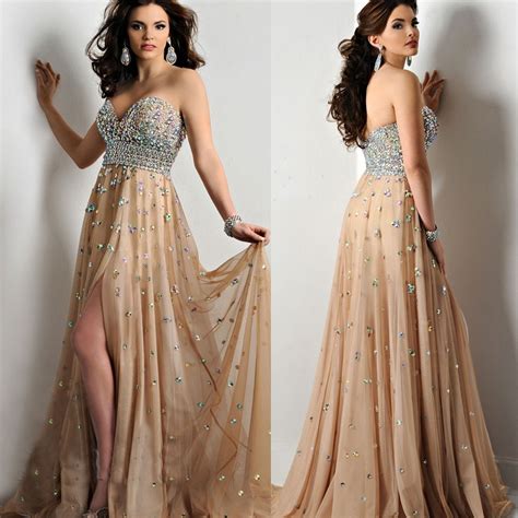 2016 Affordable Flowy Chiffon High Slit Champagne Rhinestone Beaded Prom Dresses Long With