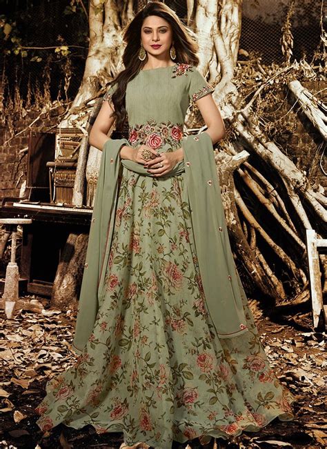 Dusty Green Floral Embroidered Organza Anarkali Silk Anarkali Suits