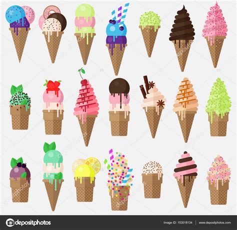 Pâtisserie en forme de cône. Ensemble vecteur de crème glacée. — Image vectorielle ...