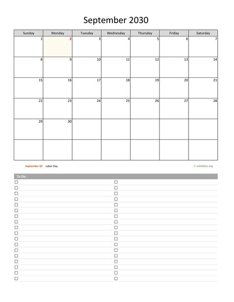 September 2030 Calendar With To Do List