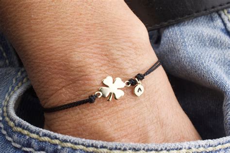 Lucky Clover Bracelet With Initial Leaf Clover Silk Cord Etsy