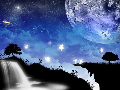 Blue Fairy World Stars Moon Waterfall Fairies Clouds Sky Blue