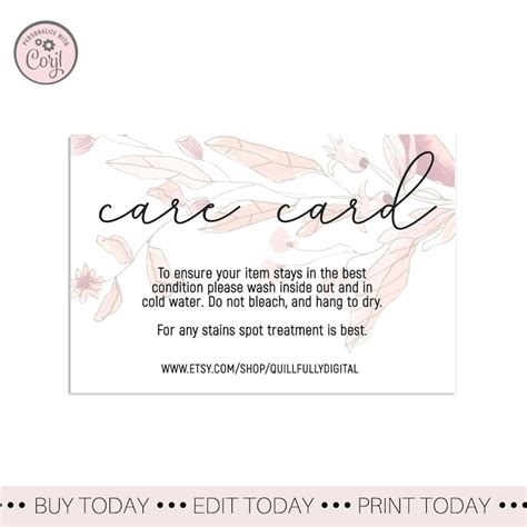 Editable Care Card Floral Care Instruction Template Printable Etsy