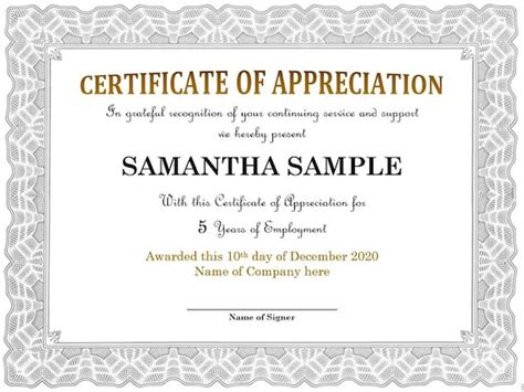 Sample Template Of Certificate Of Appreciation