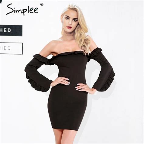 Simplee Off Shoulder Ruffle Long Sleeve Dress Women Sexy Skinny Bodycon Dress Club Party Short