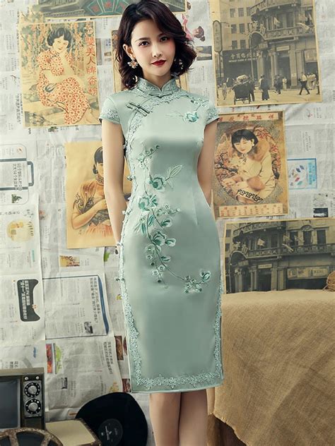 Green Embroidered Mid Qipao Cheongsam Dress With Lace Trim Cozyladywear Chinese Style