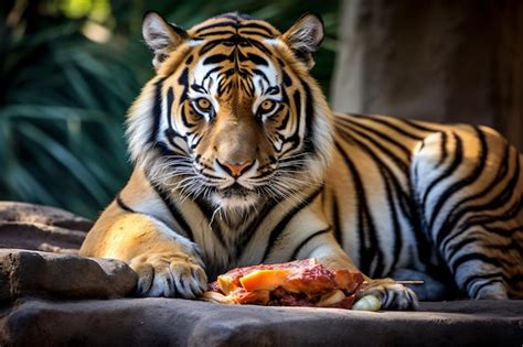 Premium Ai Image A Tiger Eating Meat In A Zoo