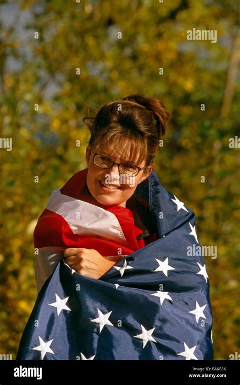 Portrait Of Mayor Of Wasilla Sarah Palin With American Flag Fall 2001 Wasilla Southcentral