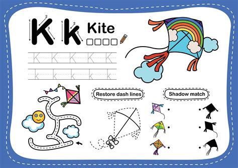 Alphabet Letter K Kite Exercise With Cartoon Vocabulary Illustration