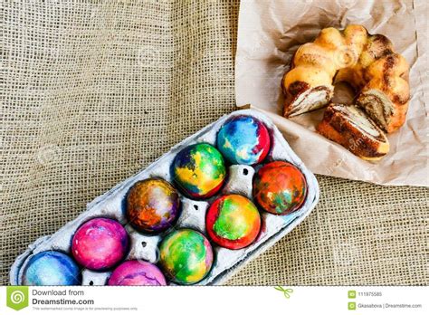 Easter Eggs And Cake On Hessian Background Stock Image Image Of April
