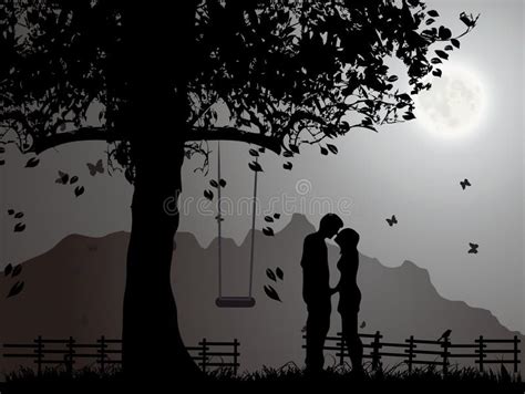 Lovers Silhouette Kissing At Moonlight Stock Vector Illustration Of