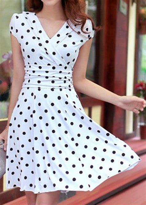 White Polka Dot Print Pleated V Neck Short Sleeve Chiffon Dress Sewing