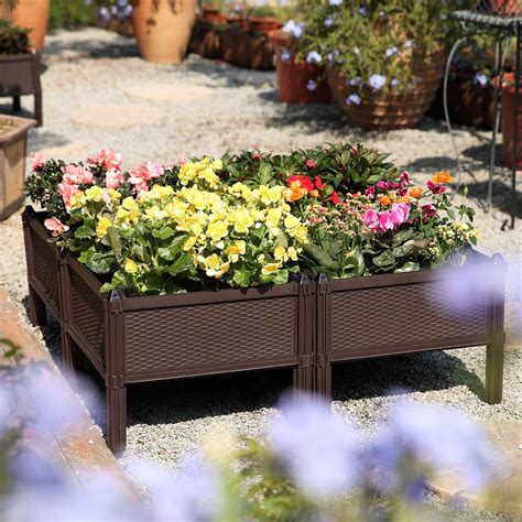 T4u Plastic Raised Garden Bed Brown Set Of 4 Assemble Elevated Planter