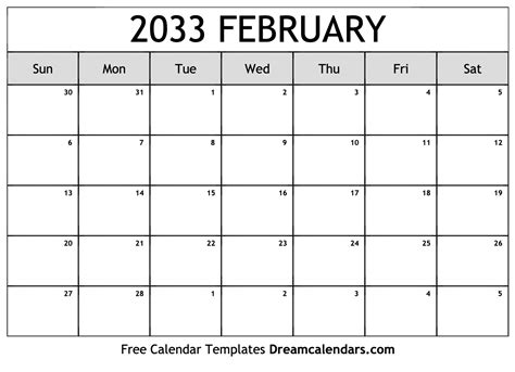 February 2033 Calendar Free Blank Printable With Holidays